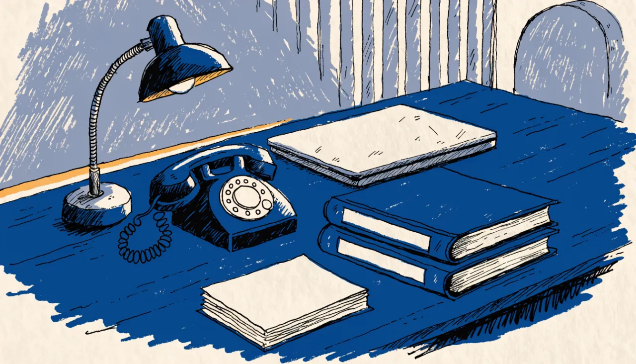 Restrained editorial illustration of compliance folders and a desk lamp, alternate view: image for