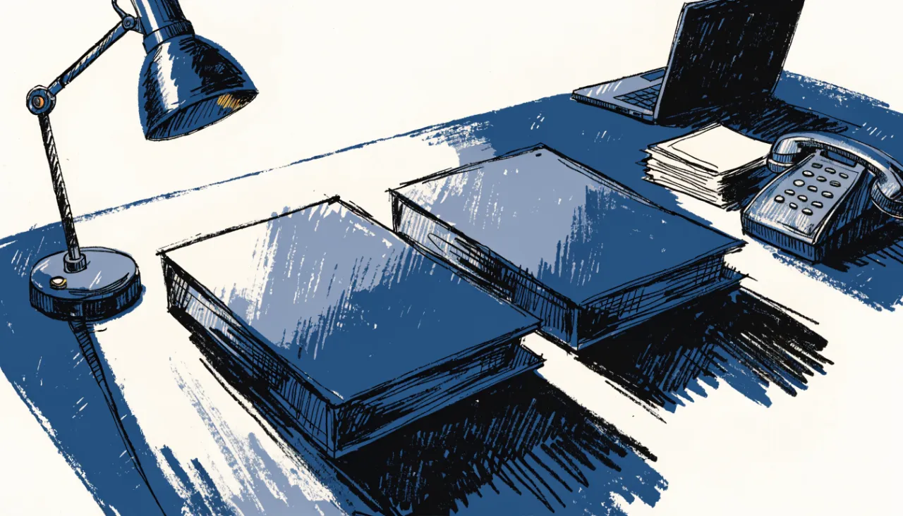 Restrained editorial illustration of compliance folders and a desk lamp: image for