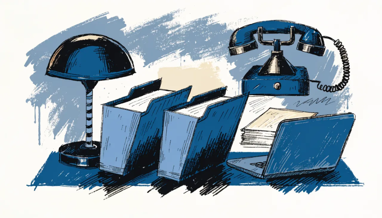 Restrained editorial illustration of compliance folders and a desk lamp, alternate view: image for