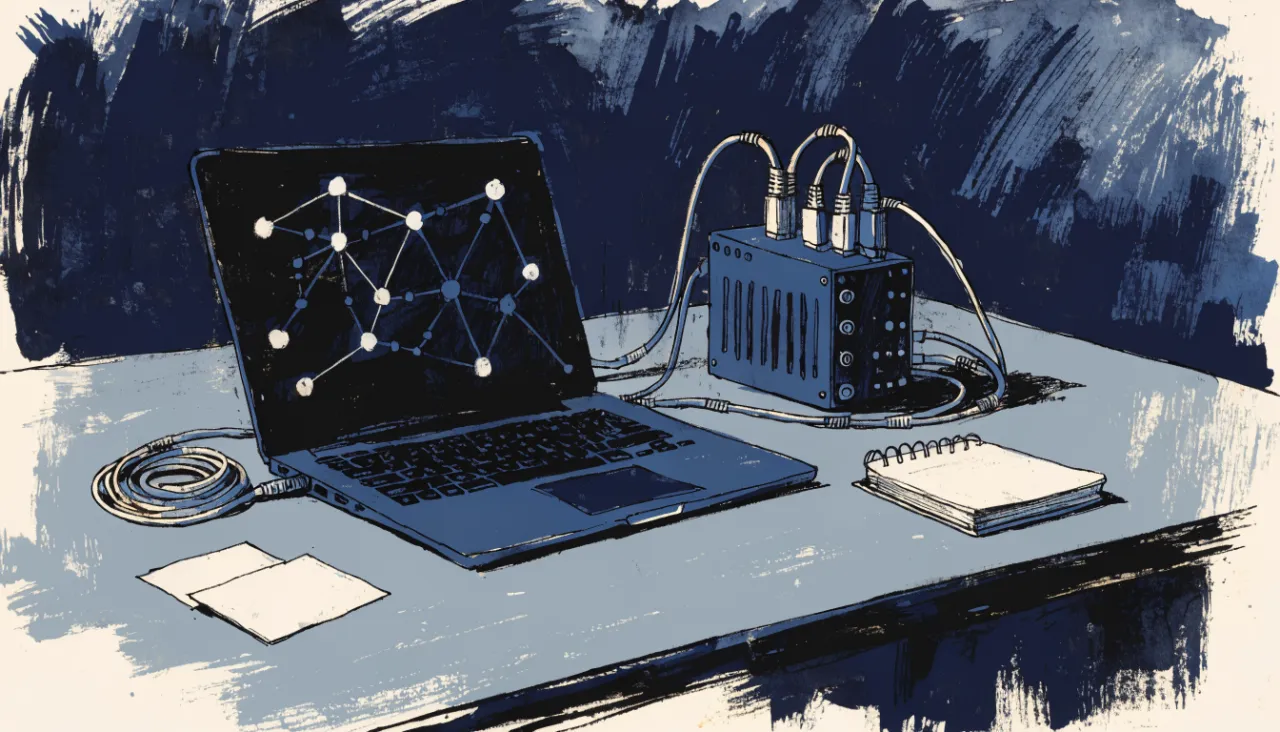 Restrained editorial illustration of a developer desk and data connectors: image for