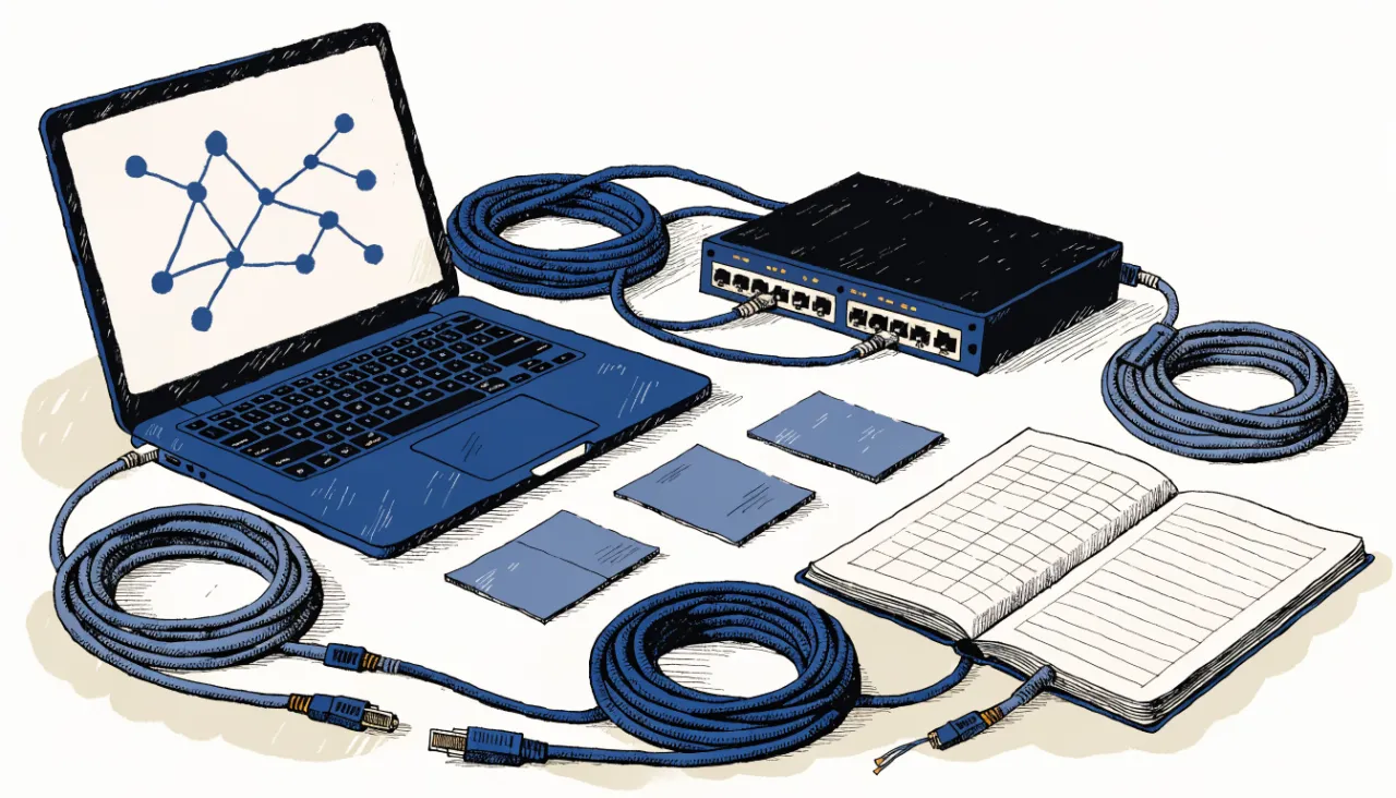 Restrained editorial illustration of a developer desk and data connectors, alternate view: image for