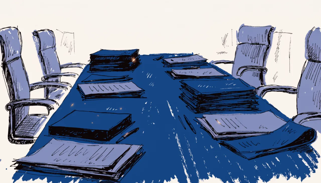 Restrained editorial illustration of portfolio binders on a boardroom table: image for