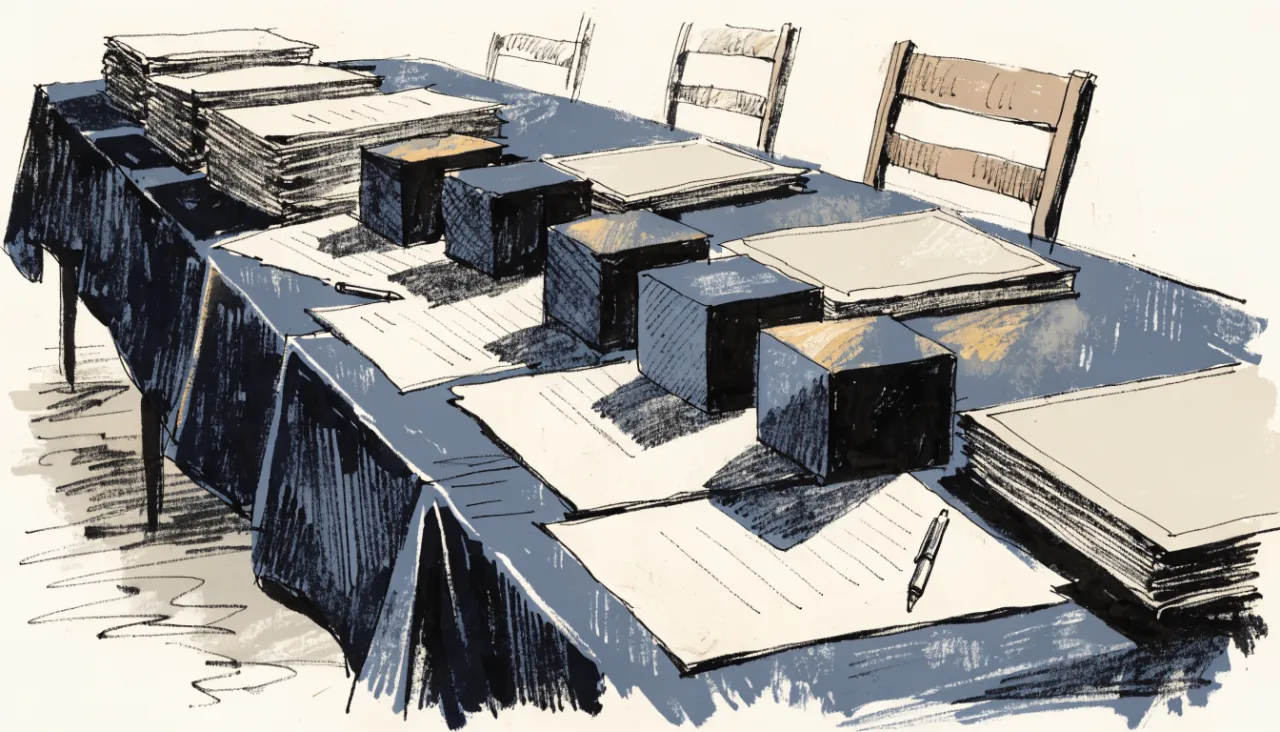 Restrained editorial illustration of portfolio binders on a boardroom table, alternate view: image for