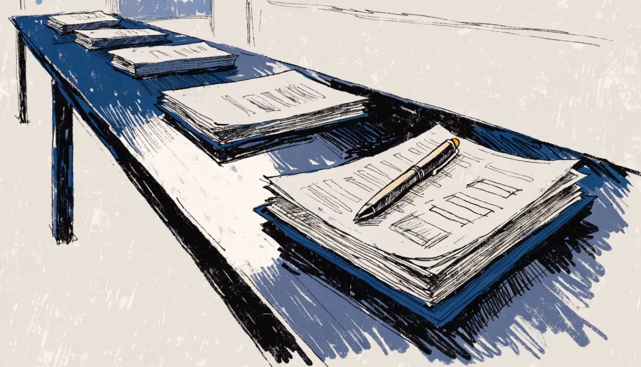 Restrained editorial illustration of portfolio binders on a boardroom table: image for