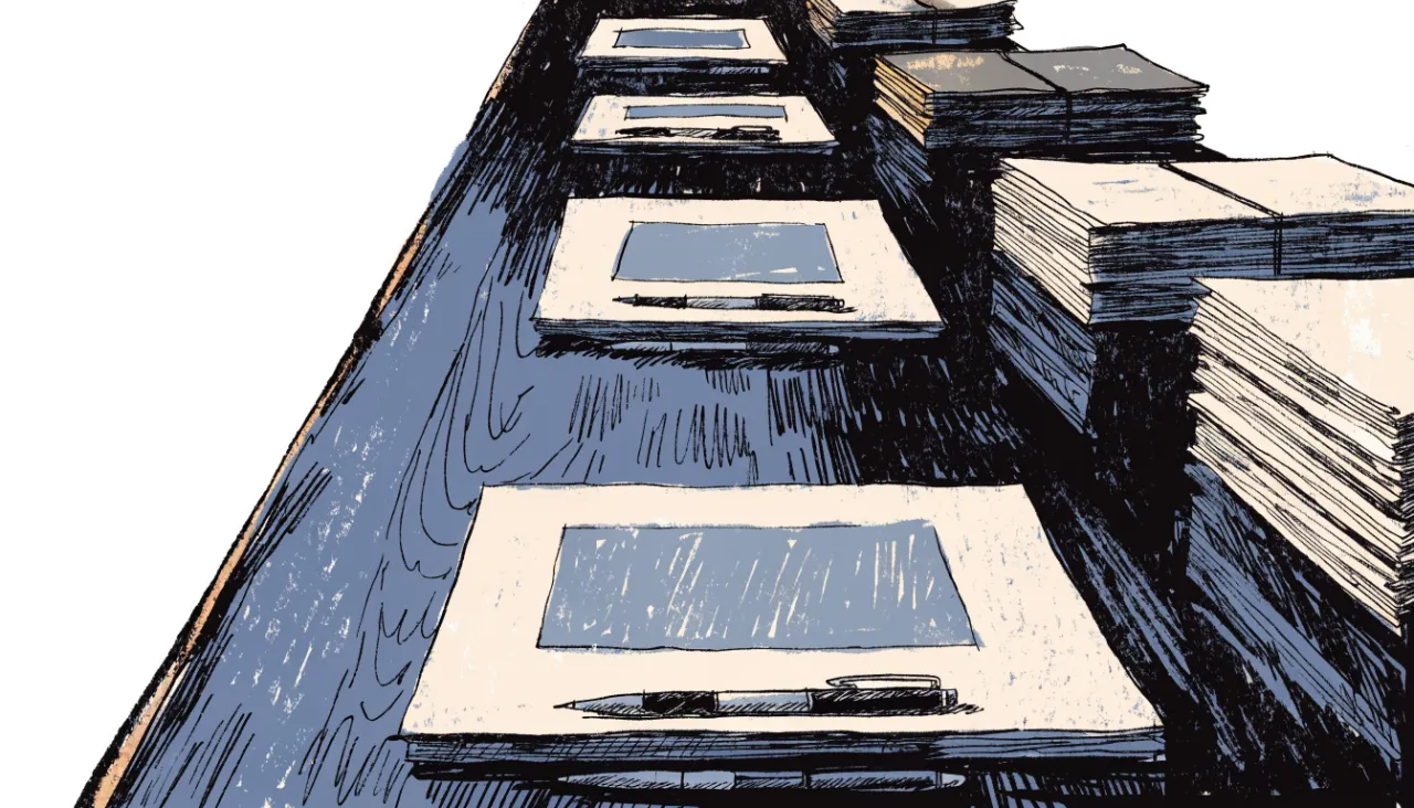 Restrained editorial illustration of portfolio binders on a boardroom table, alternate view: image for