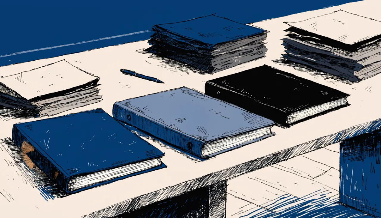 Restrained editorial illustration of portfolio binders on a boardroom table: image for
