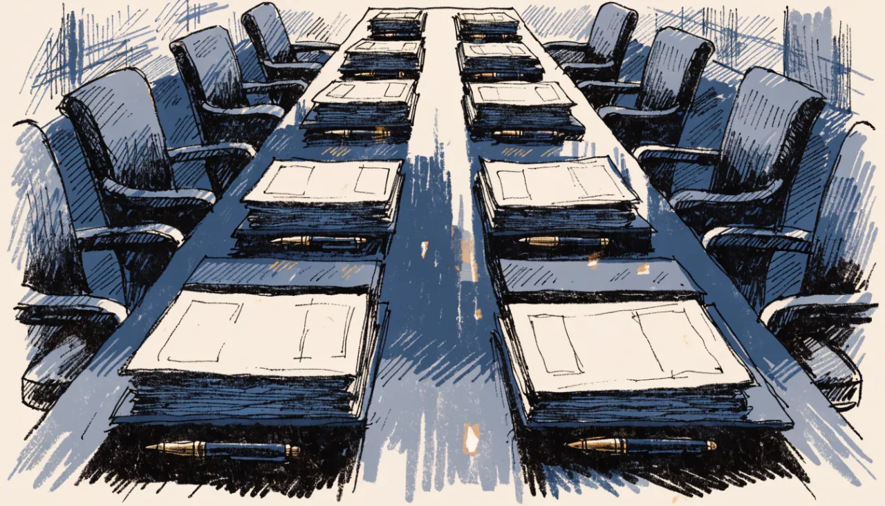 Restrained editorial illustration of portfolio binders on a boardroom table, alternate view: image for