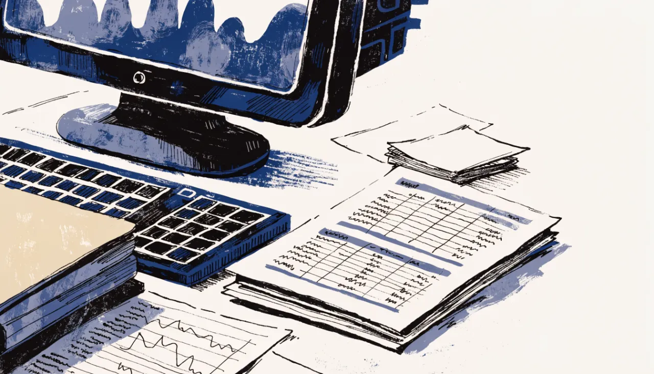 Restrained editorial illustration of an analyst workstation with unreadable chart shapes: image for
