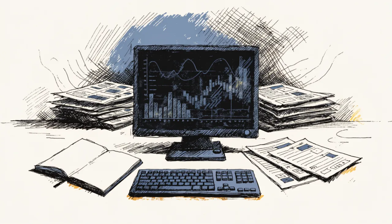 Restrained editorial illustration of an analyst workstation with unreadable chart shapes, alternate view: image for