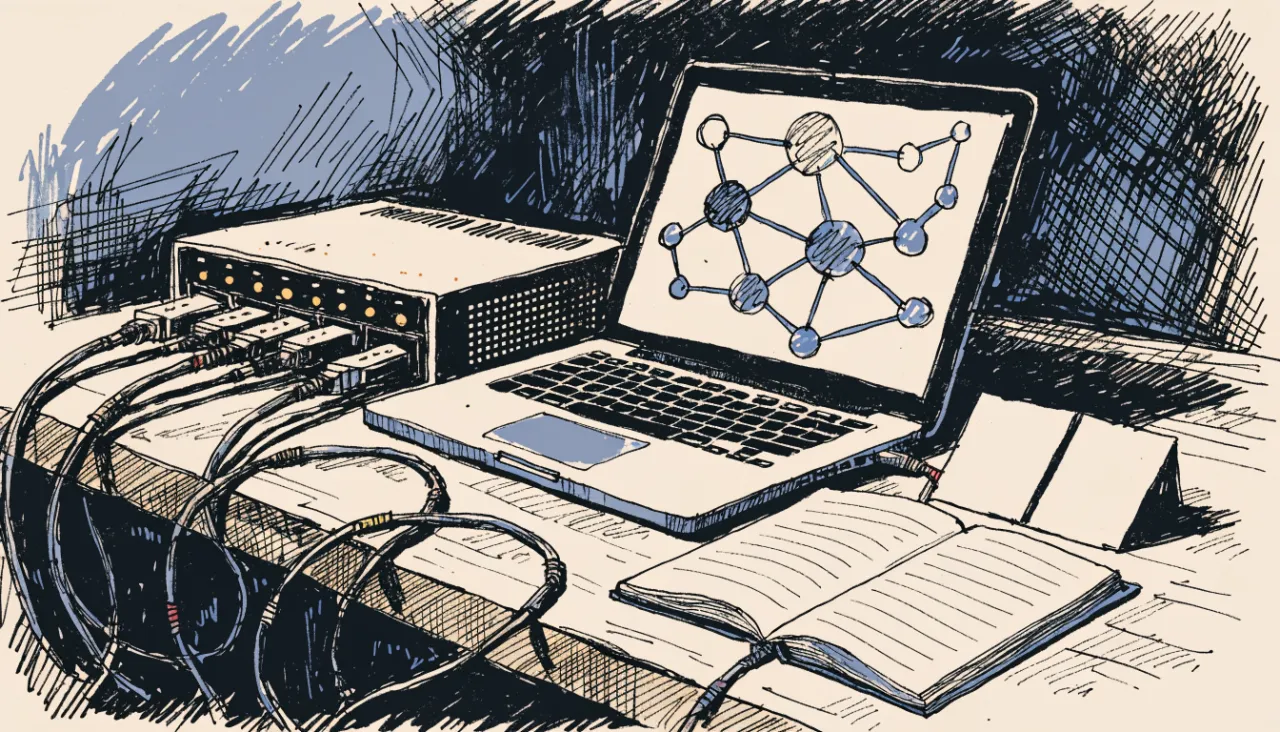Restrained editorial illustration of a developer desk and data connectors: image for