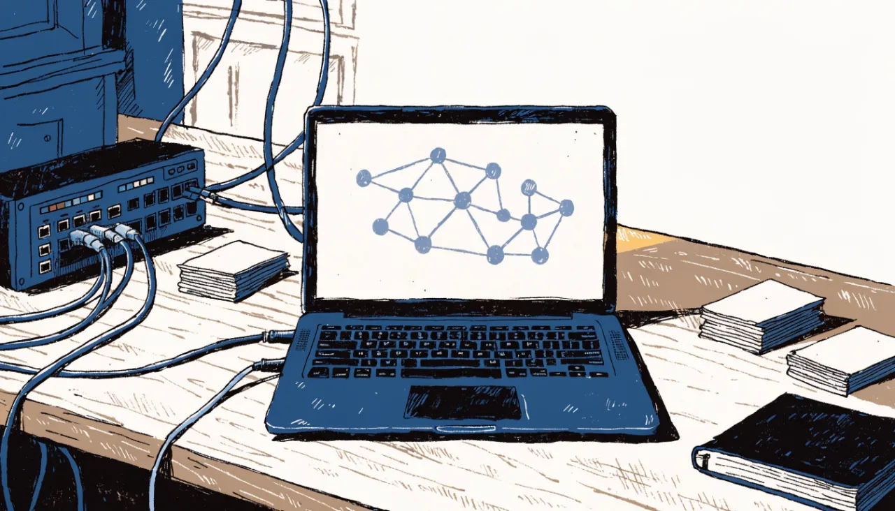 Restrained editorial illustration of a developer desk and data connectors, alternate view: image for