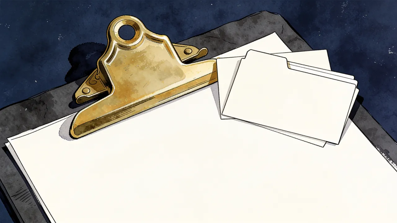 Illustration: blank filing cards beside a brass evidence tray on dark paper