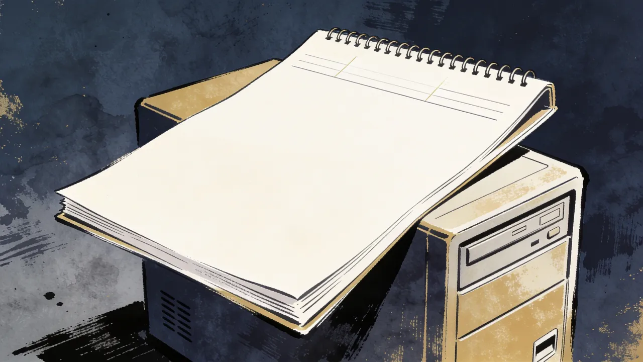 blank trade ledger beside a compact filing server and magnifying glass.