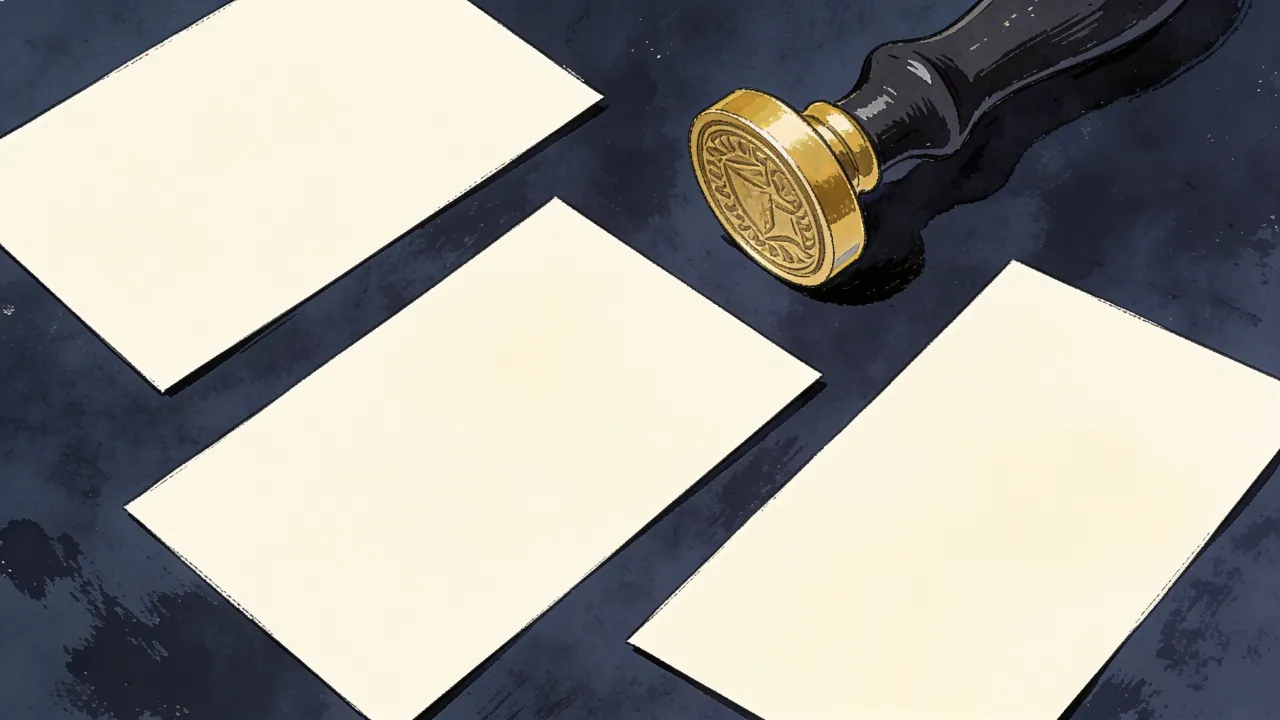 Illustration: three blank cream cards beside a brass stamp handle