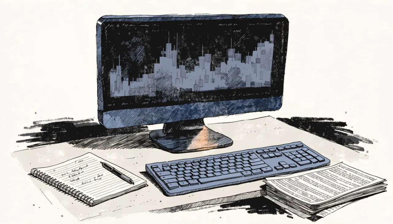 Restrained editorial illustration of an analyst workstation with unreadable chart shapes: image for