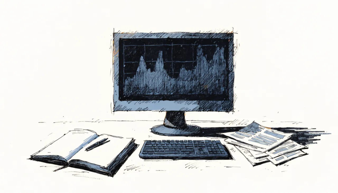 Restrained editorial illustration of an analyst workstation with unreadable chart shapes, alternate view: image for