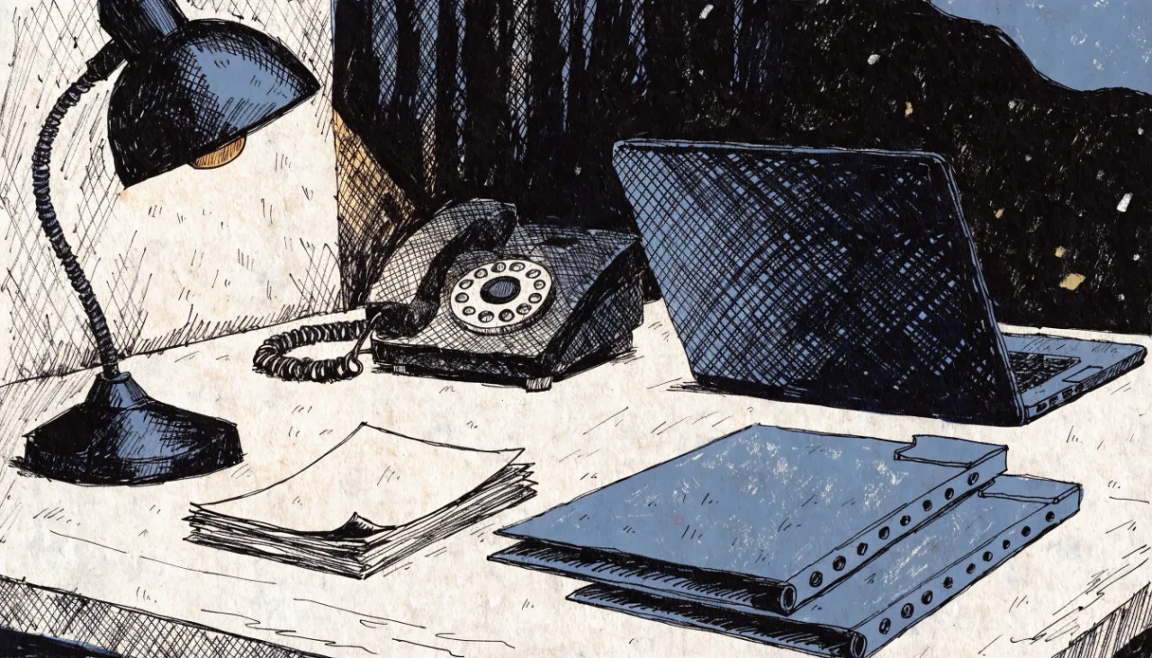 Restrained editorial illustration of compliance folders and a desk lamp: image for