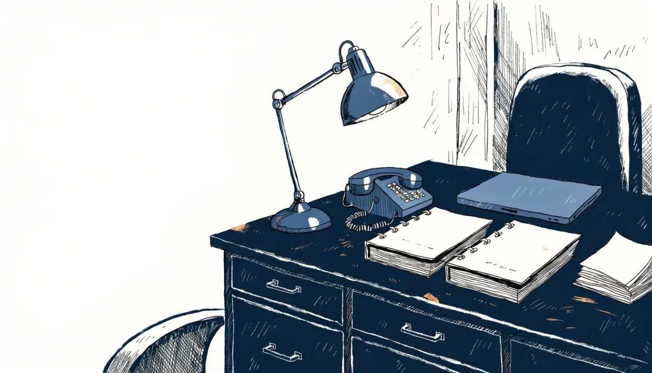 Restrained editorial illustration of compliance folders and a desk lamp, alternate view: image for