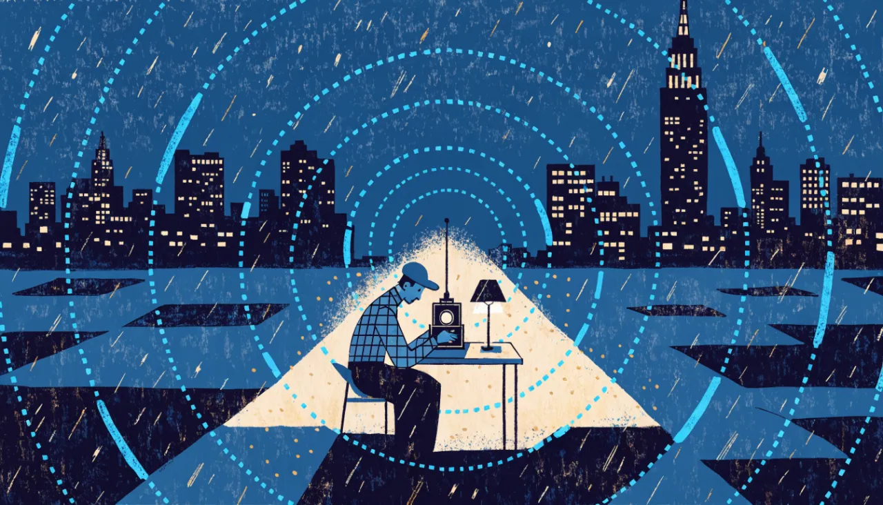 Glowing node cluster radiating signal lines, elevated view: illustration for