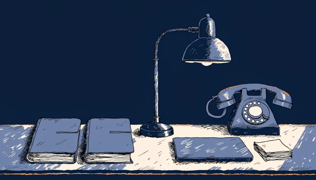 Restrained editorial illustration of compliance folders and a desk lamp: image for