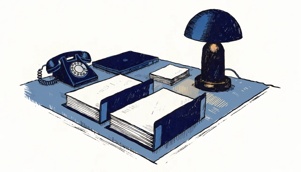 Restrained editorial illustration of compliance folders and a desk lamp, alternate view: image for