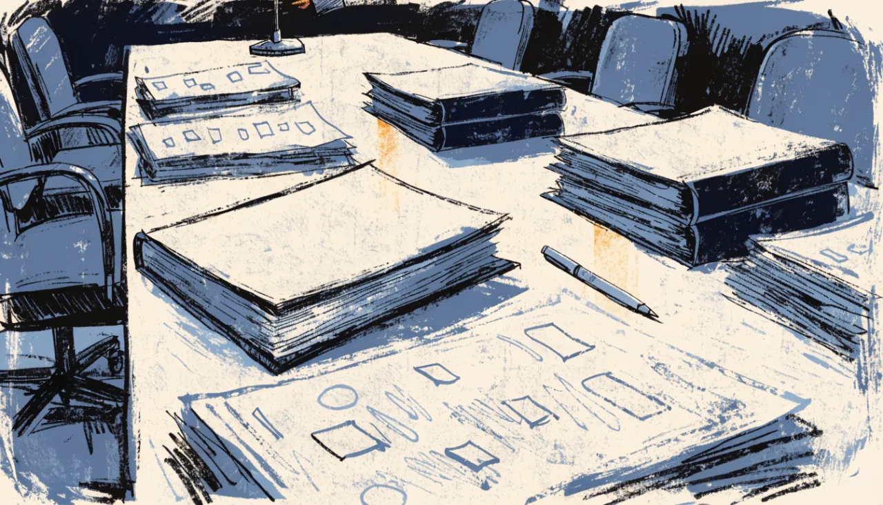 Restrained editorial illustration of portfolio binders on a boardroom table: image for