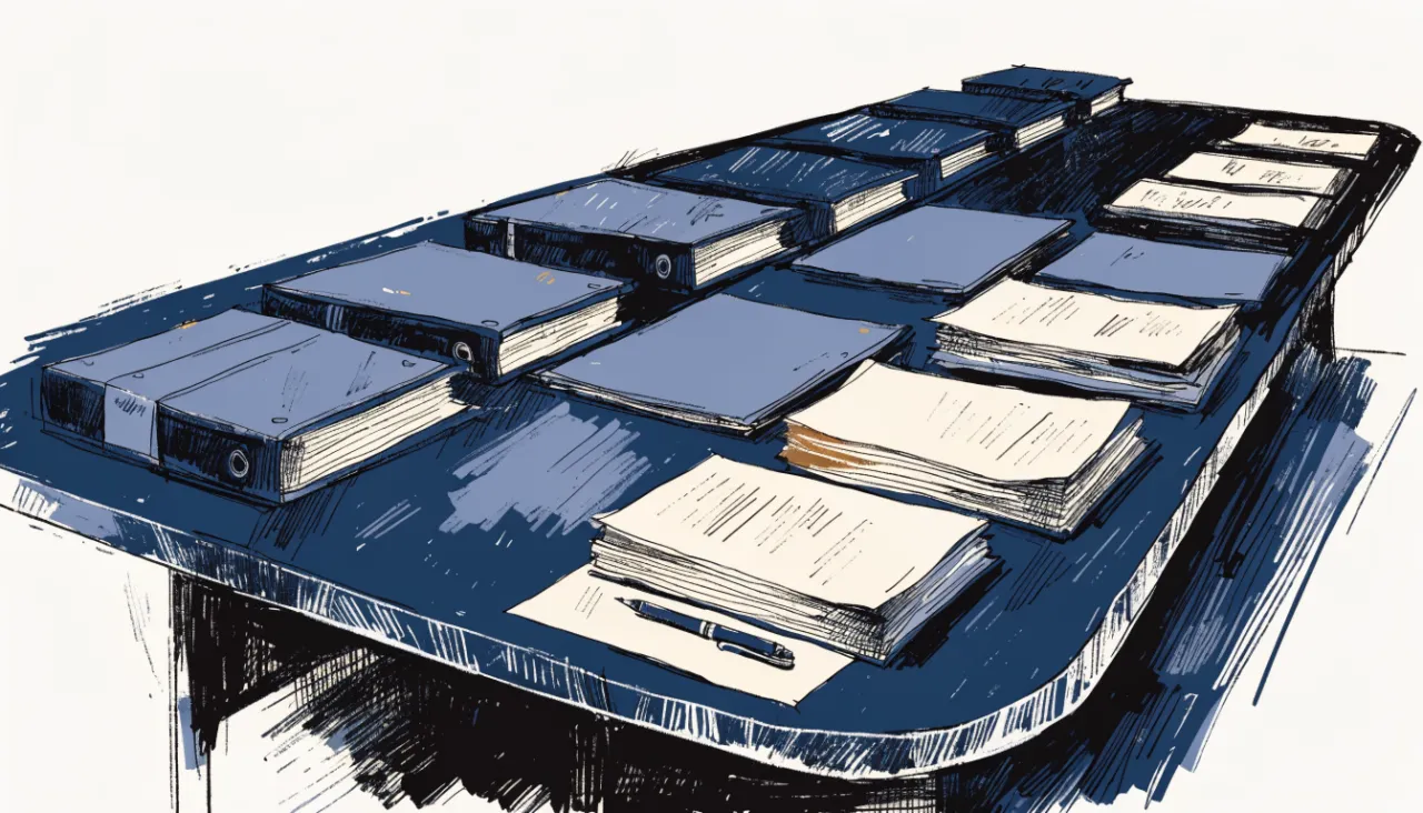 Restrained editorial illustration of portfolio binders on a boardroom table, alternate view: image for