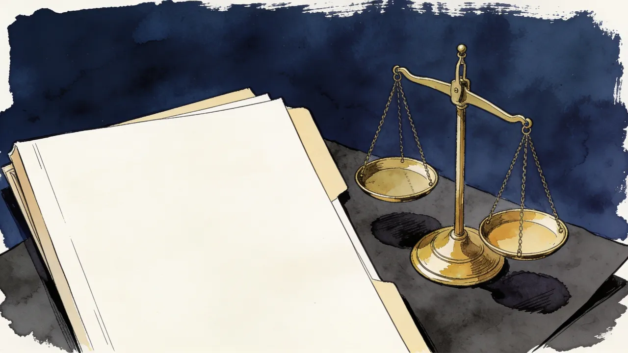 Illustration: blank court folders beside a plain brass scale on dark paper