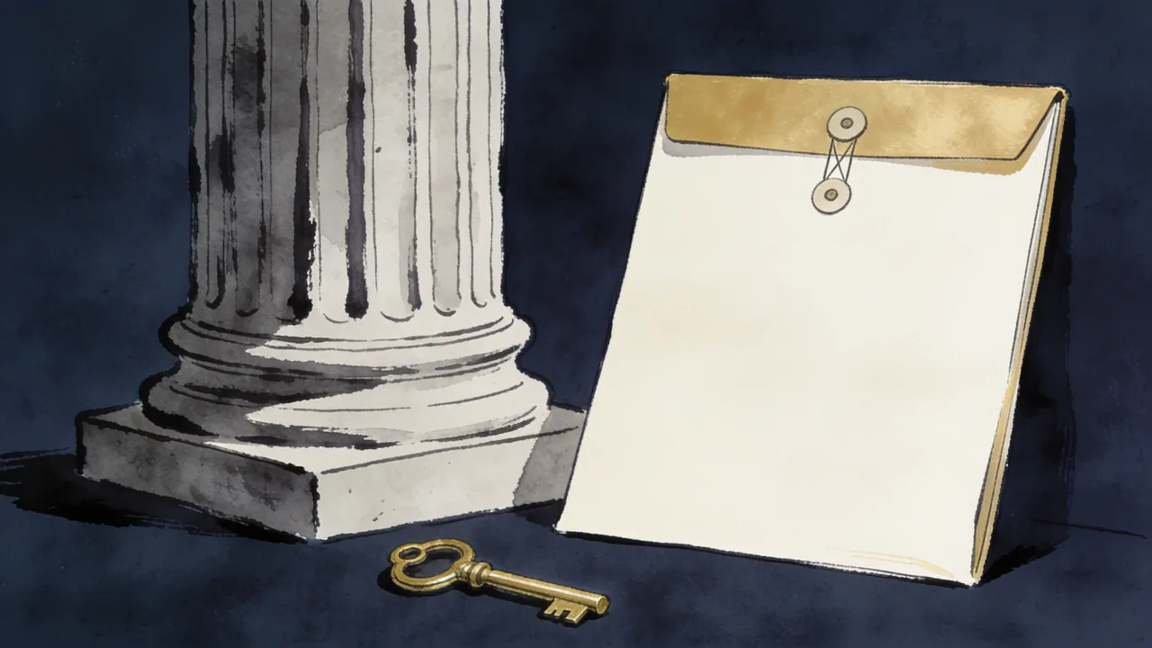 Illustration: sealed folder beside a plain courthouse column and brass key