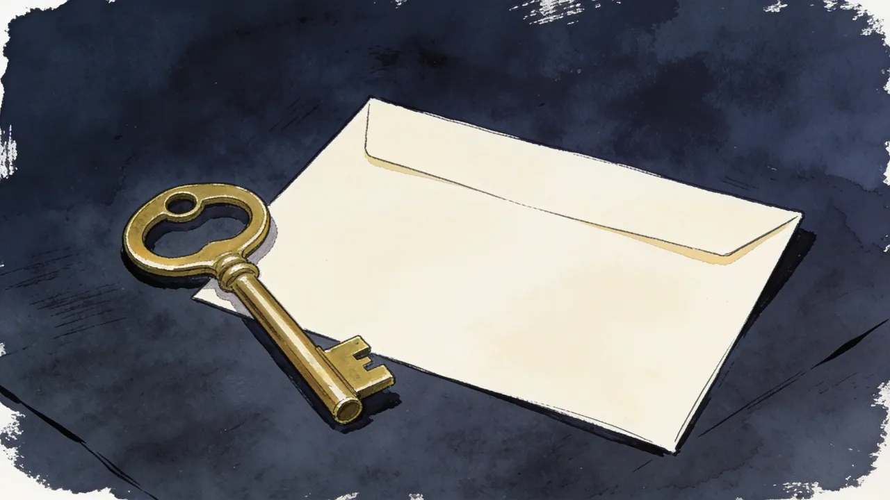 Illustration: plain brass key beside an unmarked closed envelope on dark paper