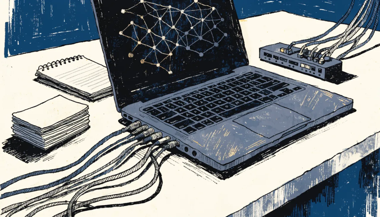 Restrained editorial illustration of a developer desk and data connectors: image for
