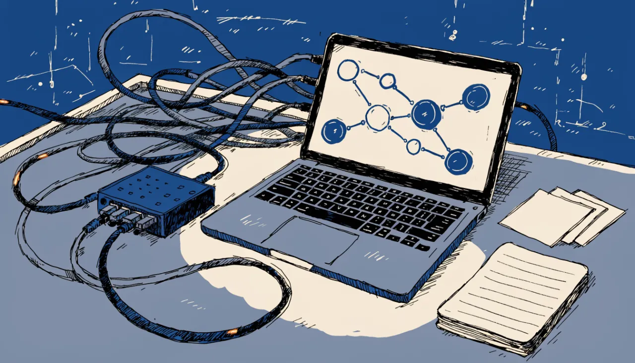 Restrained editorial illustration of a developer desk and data connectors, alternate view: image for