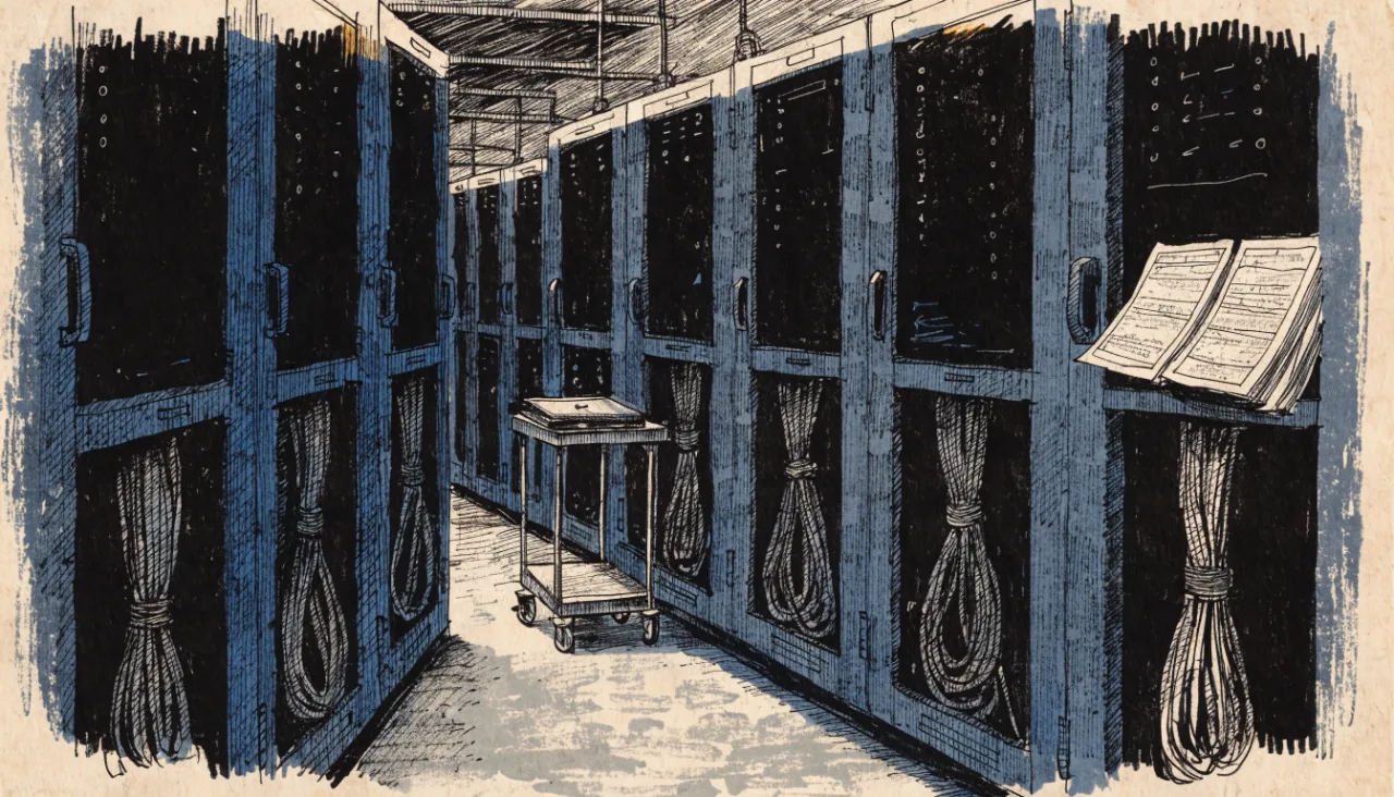 Restrained editorial illustration of a tidy server room aisle with bundled cables: image for