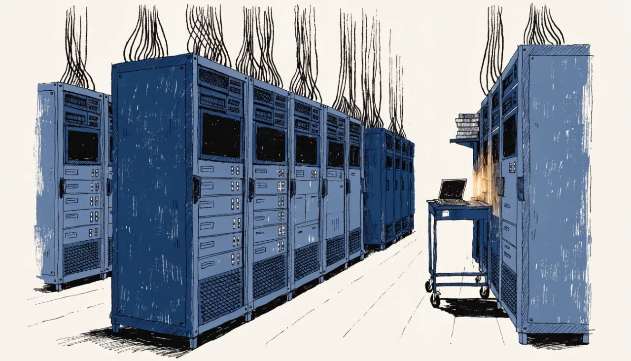 Restrained editorial illustration of a tidy server room aisle with bundled cables, alternate view: image for