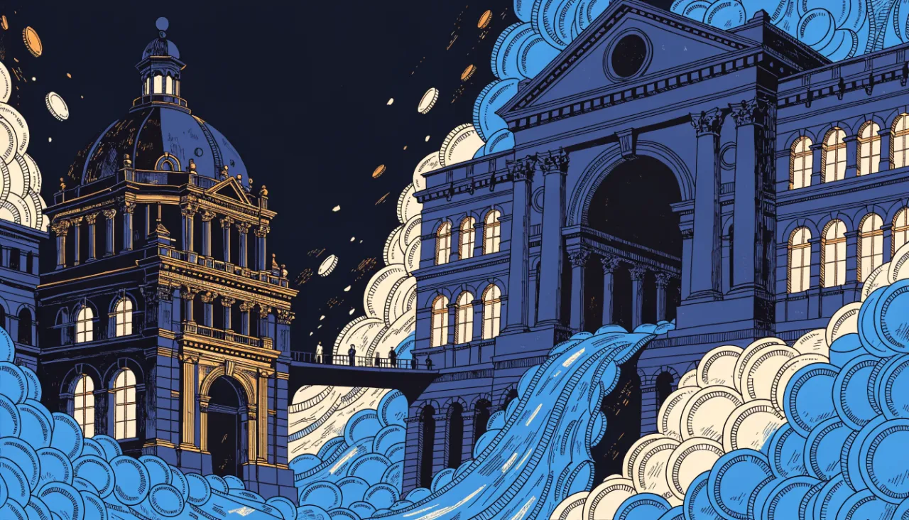 Luminous streams flowing between node structures: illustration for
