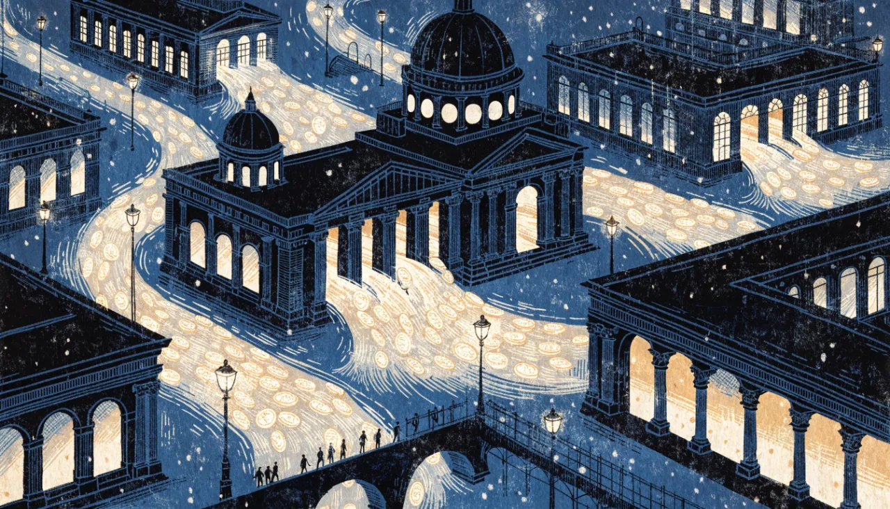 Luminous streams flowing between node structures, elevated view: illustration for