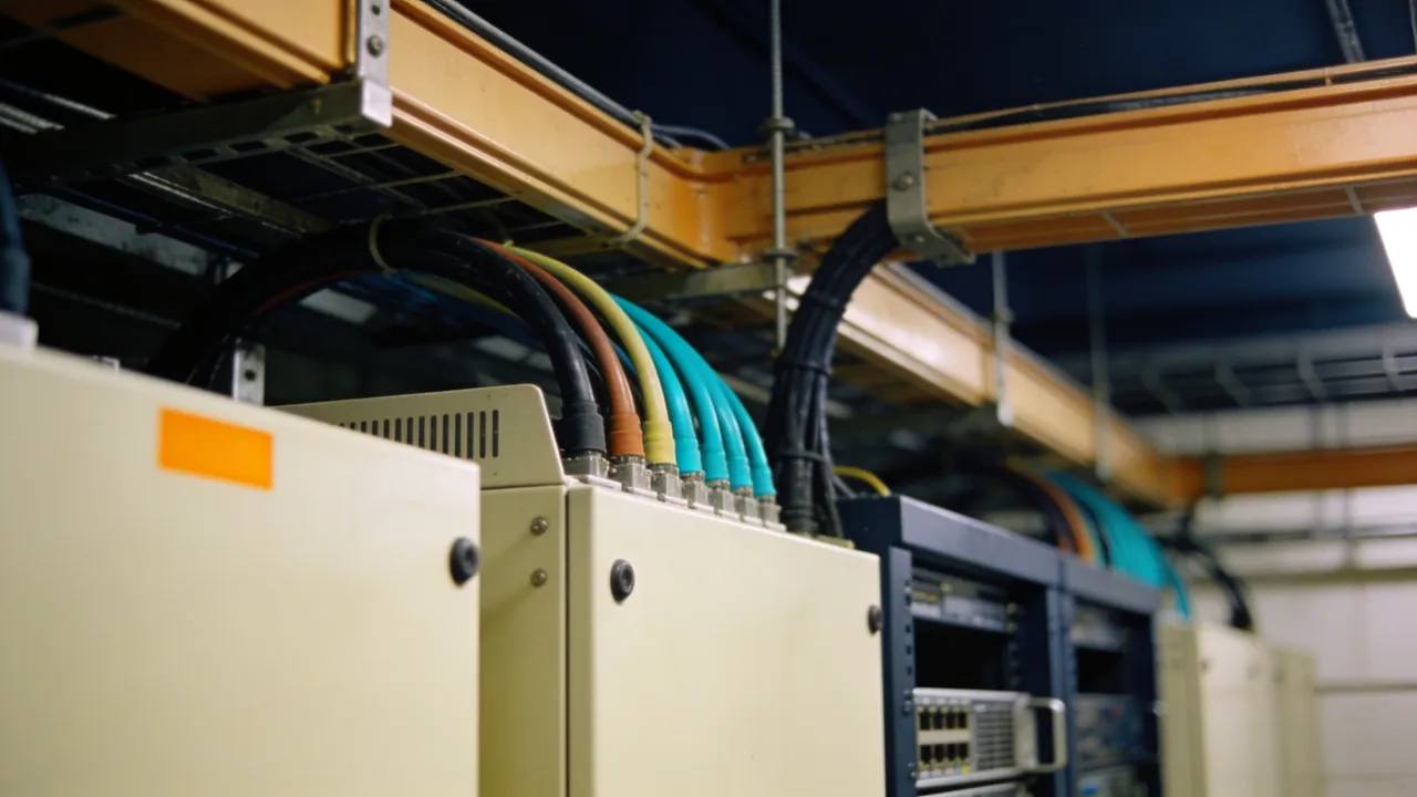 Photo: a close view of unmarked server-hall power equipment and construction cabling