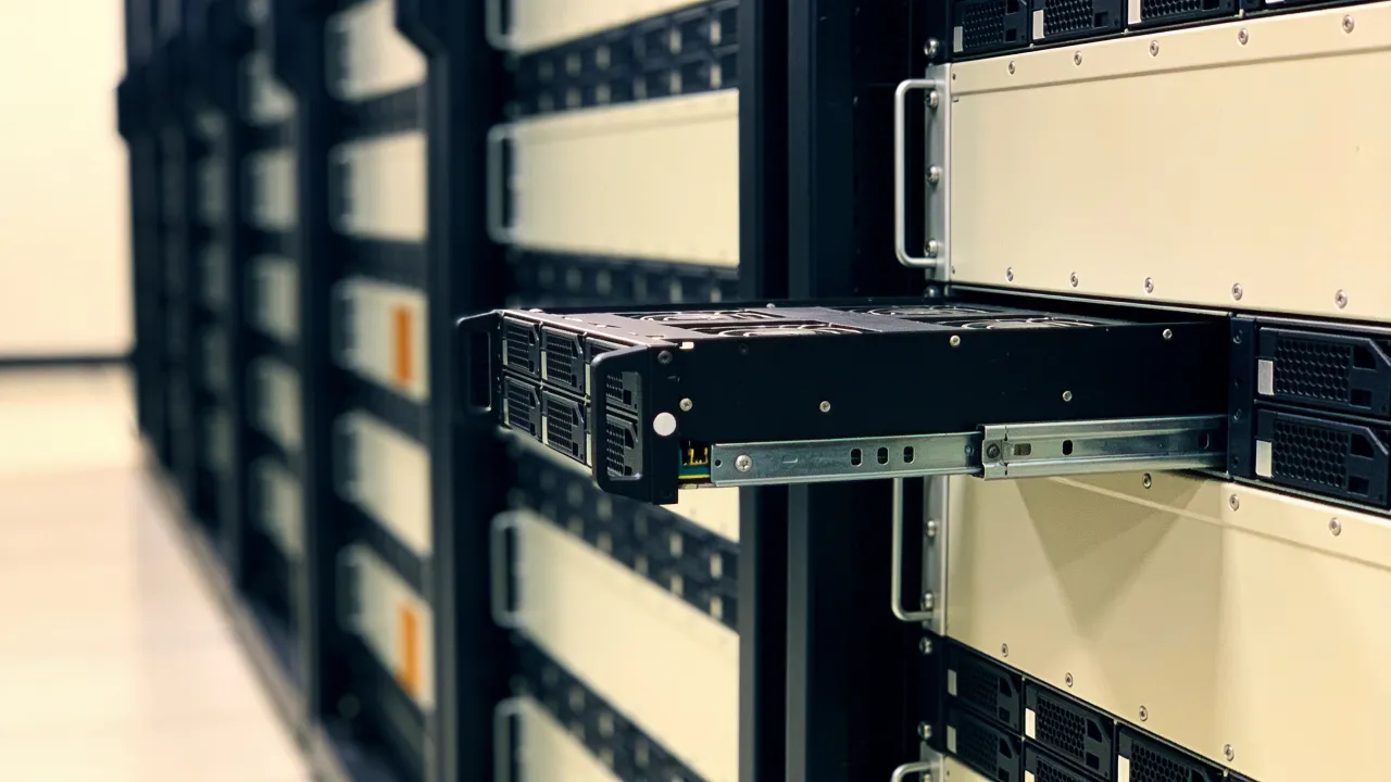 Photo: a logo-free AI data center server hall with dense GPU racks before deployment