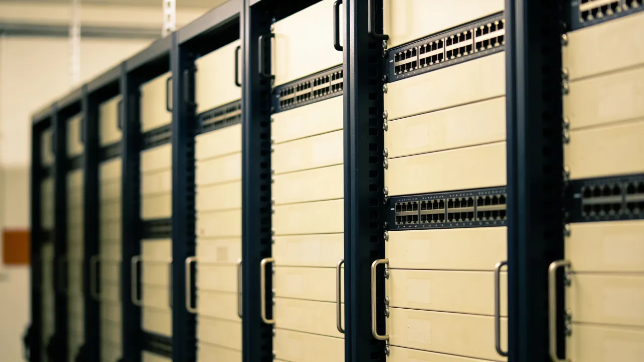 Photo: a screenless logo-free data center network switch aisle with blank unlabeled racks