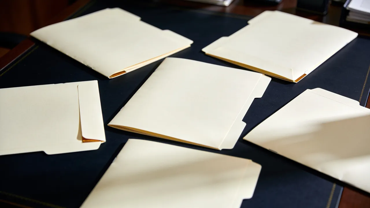 Illustration: five blank cream earnings folders spread across a dark analyst desk