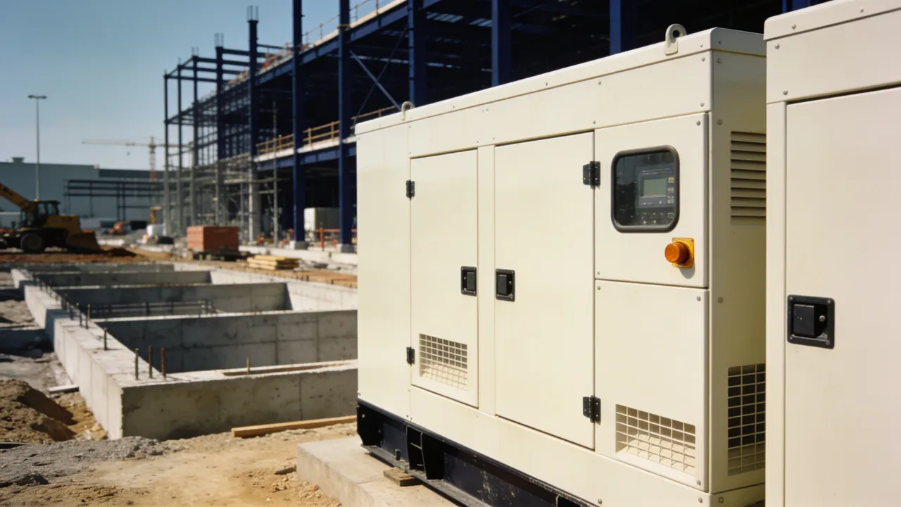 Photo: unmarked industrial generator sets beside a data center construction site