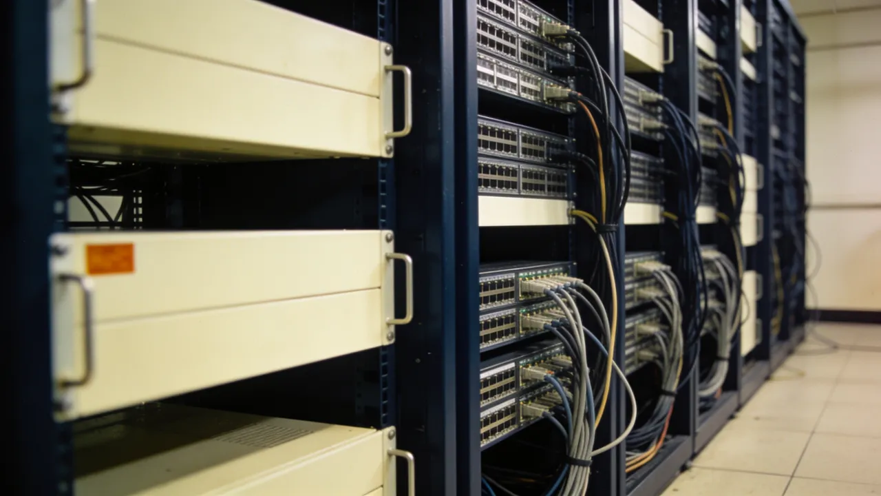 Illustration: an unmarked exchange matching-engine server room with blank racks and network cables