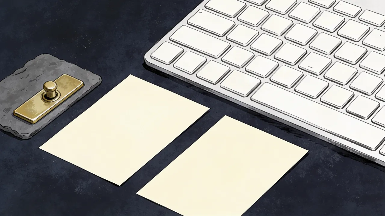 Unmarked keyboard beside a brass toggle switch and closed laptop on dark paper
