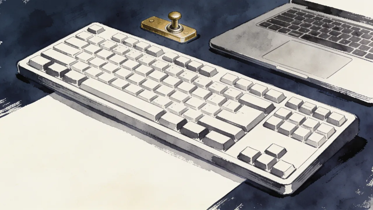 unmarked keyboard beside a brass toggle switch and closed laptop on dark paper.