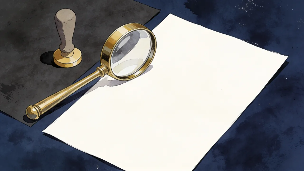 Illustration: blank paper beside a brass inspection loupe and plain stamp handle on dark paper