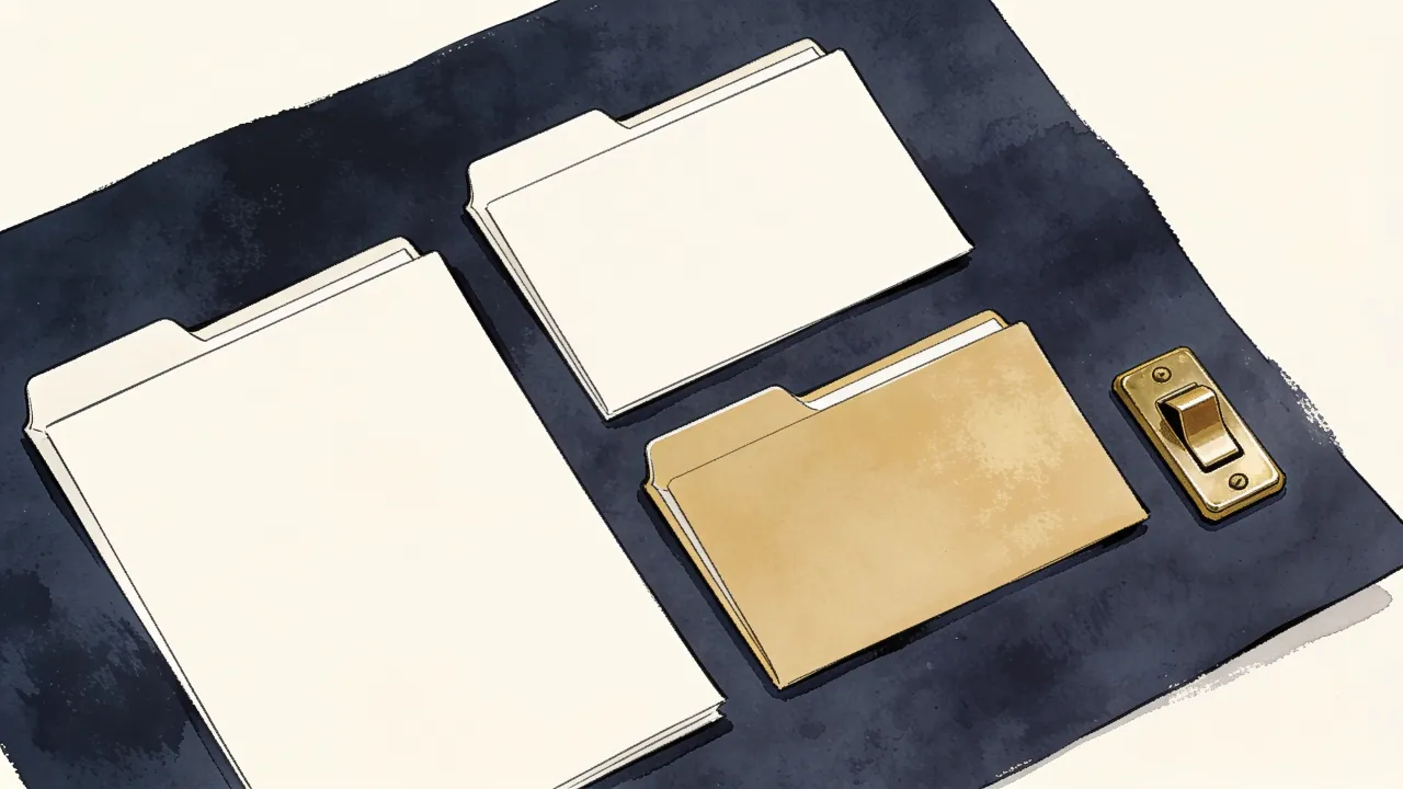 Illustration: three blank folders and a brass switch on full-bleed dark paper