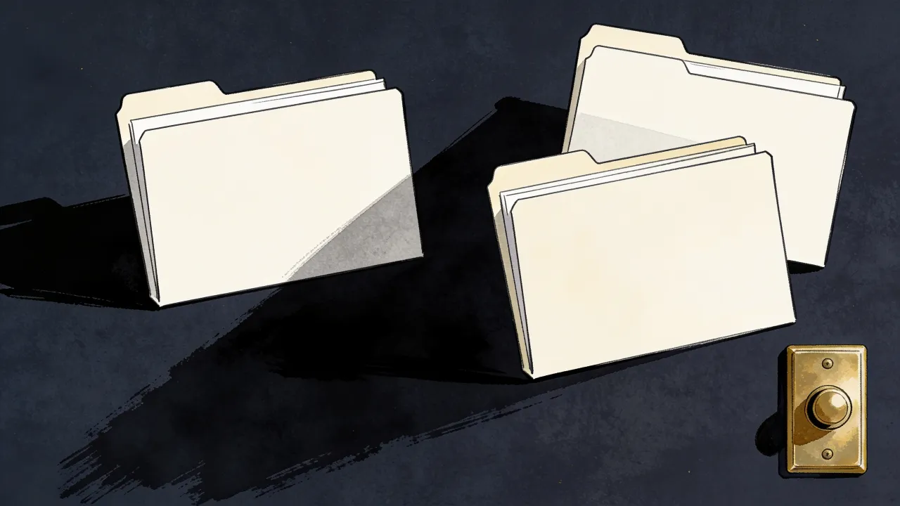 three blank folders and a brass switch on full-bleed dark paper.