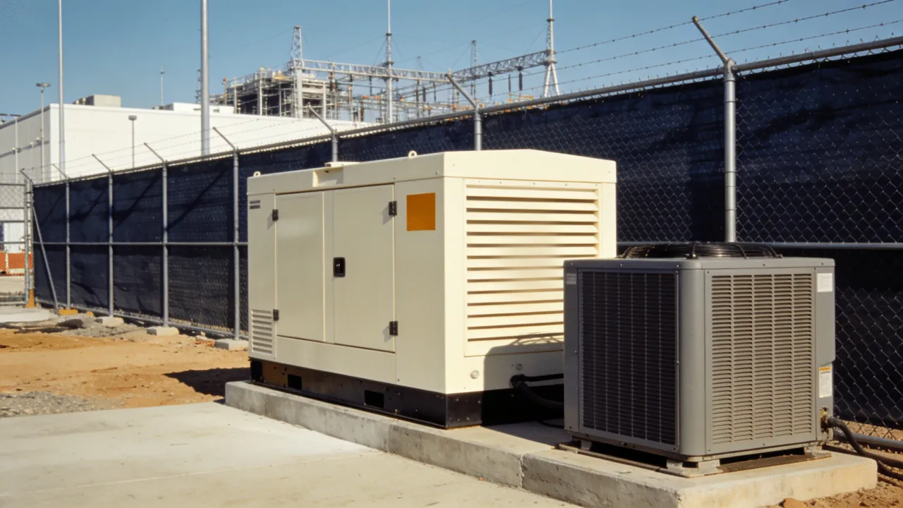 Logo-free utility equipment beside a data center construction fence