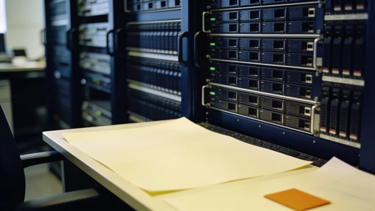 Photo: a logo-free developer workstation beside dense server racks before an AI model release