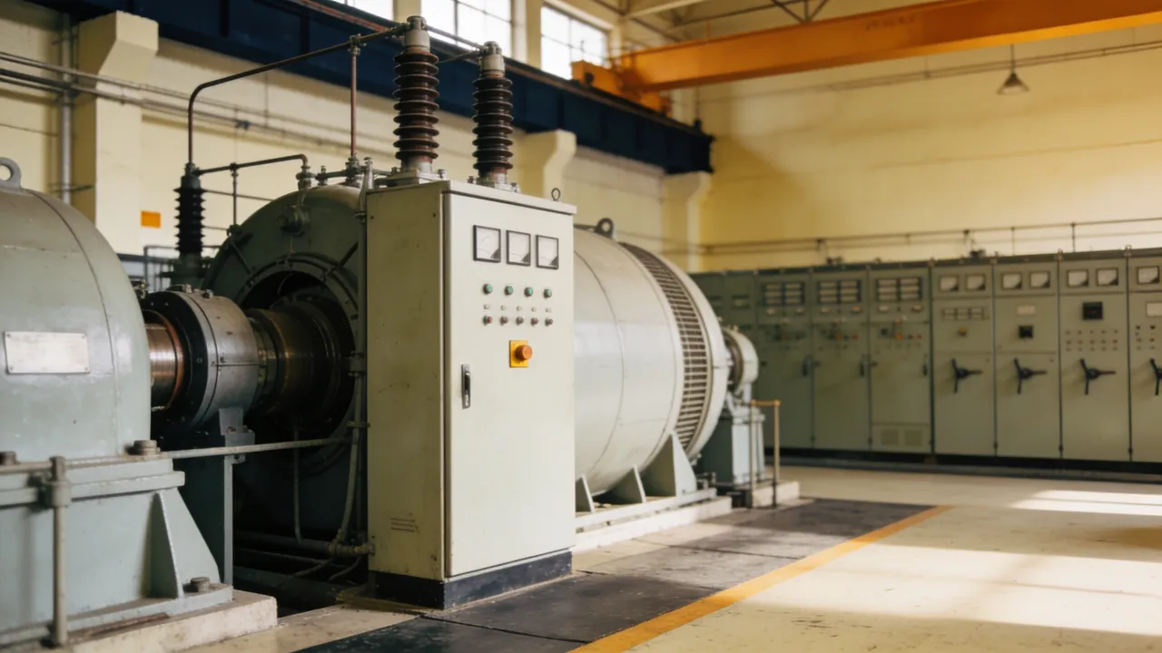 Photo: a close view of unmarked turbine hall equipment and high-voltage switchgear
